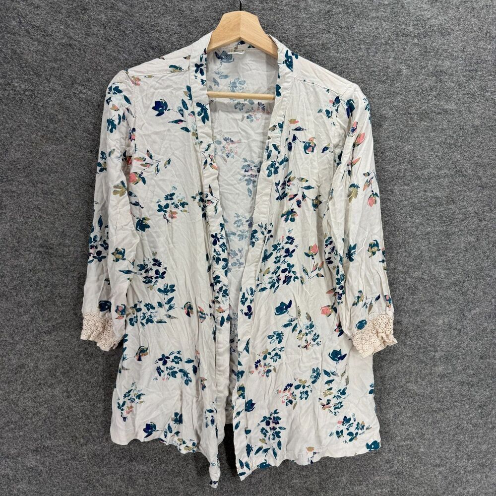 Japna Lounge Top Women L Large Beige Floral Open Front 3/4 Sleeve Breathable